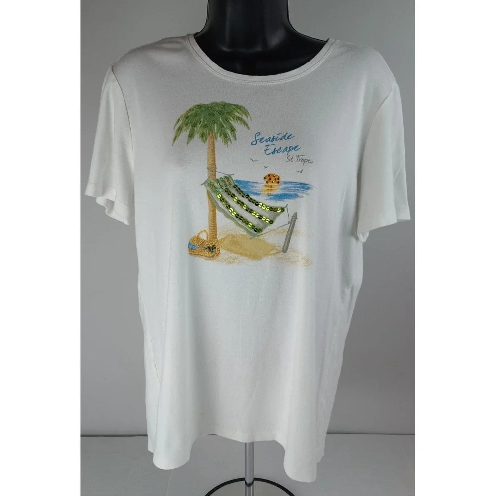 Lot of 2 Tapemeasure Women's Size Large T-Shirts White Beach Pink Floral